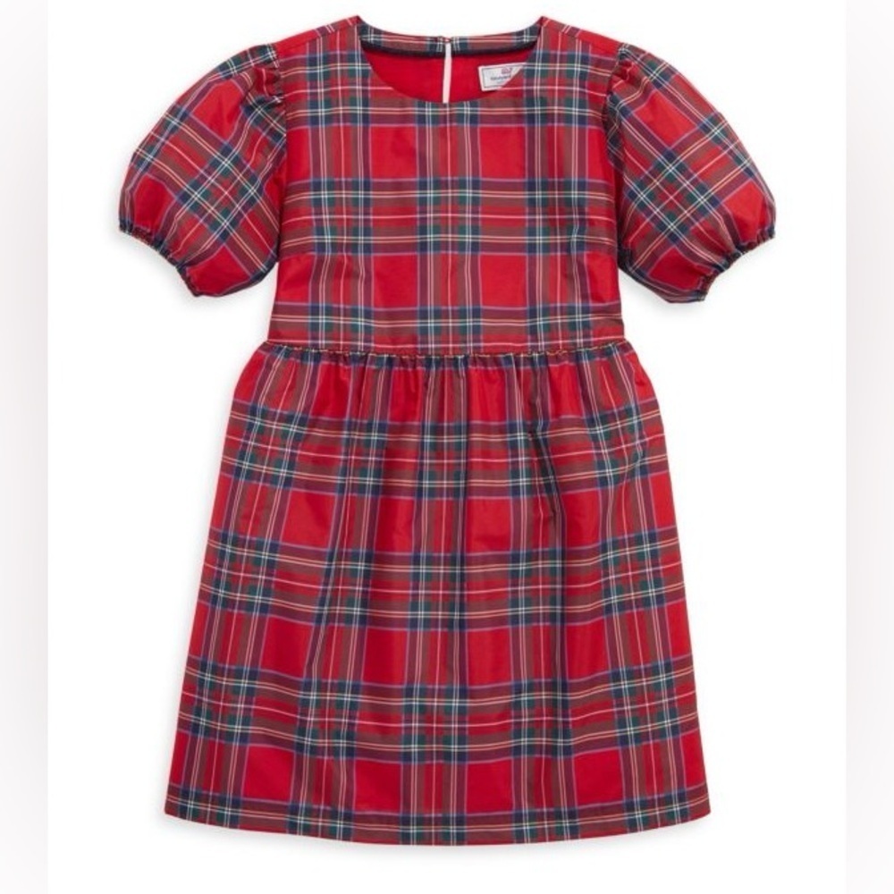 VINEYARDS VINES Girl's Plaid Taffeta Puff Sleeve Dress Size M